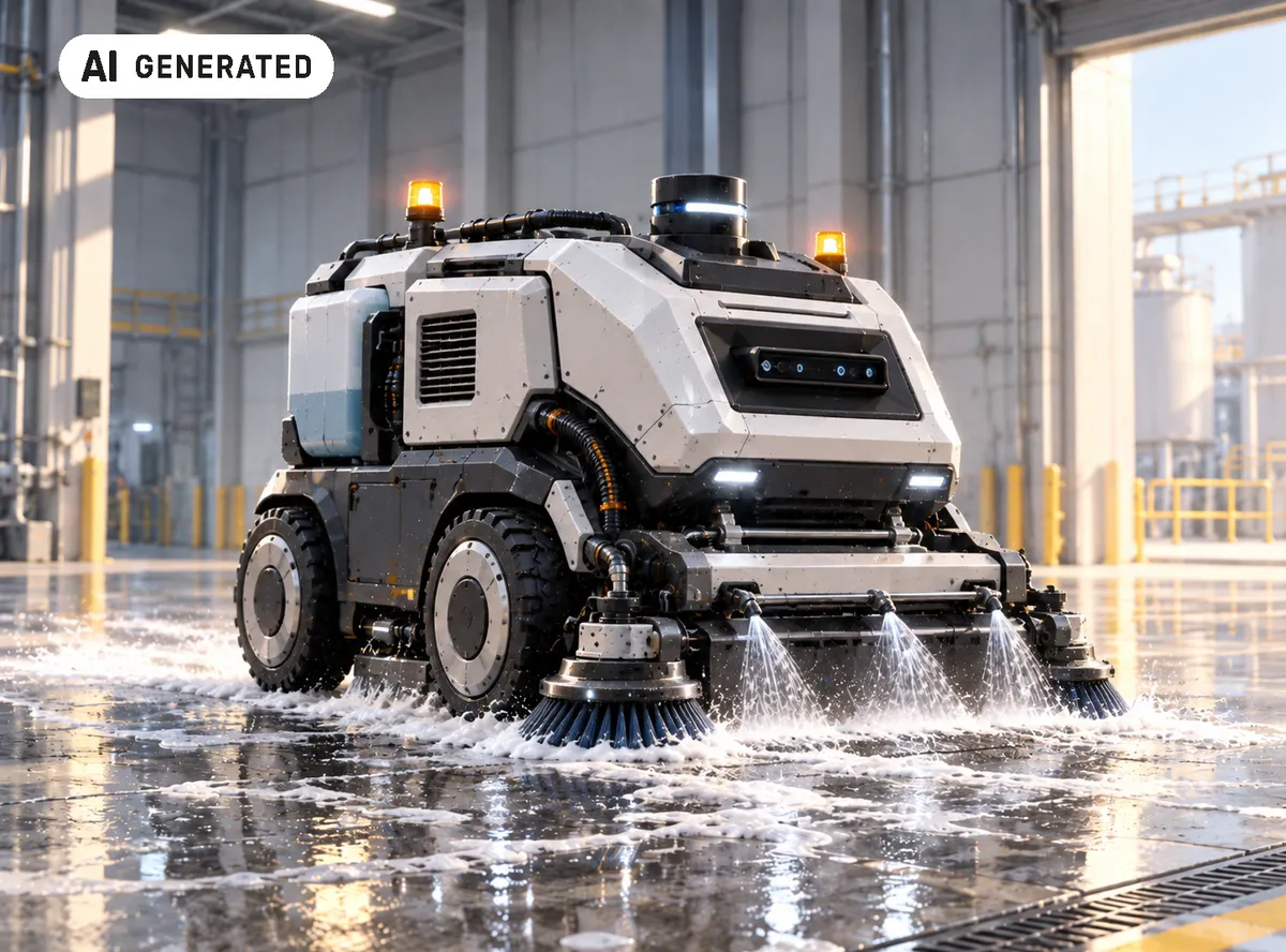 KI-generierte, symbolische Illustration eines autonomen Industrieroboters — nicht das reale Kundensystem